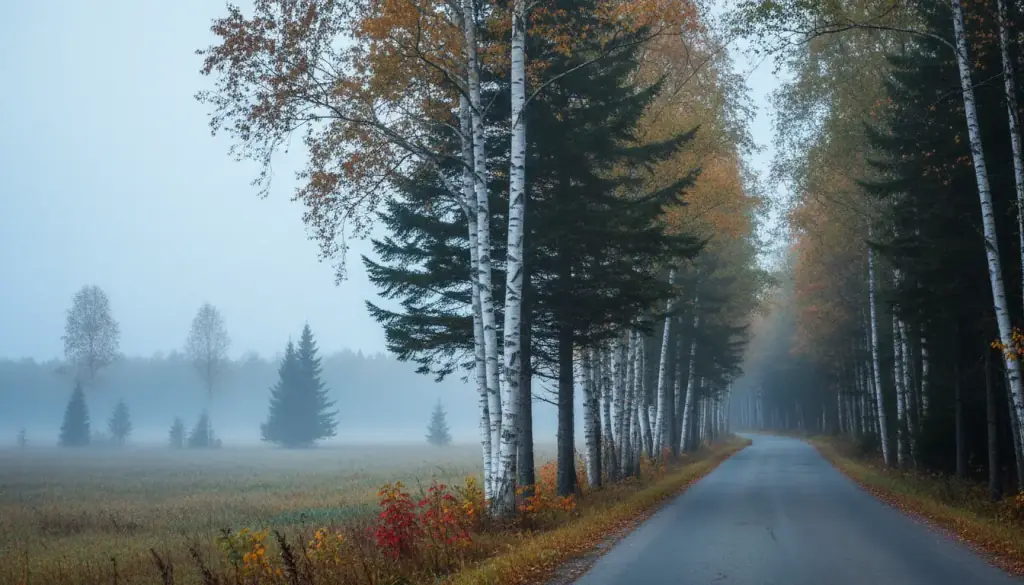 A quiet two-lane road through white birch and spruce in central Maine, early morning fog
