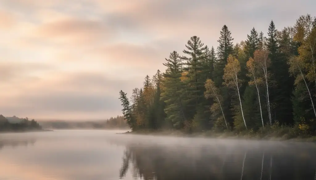 The Androscoggin River at first light, mist lifting off still water below a bank of spruce and white birch