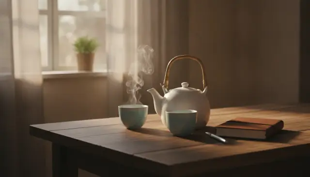 A teapot and two cups on a wooden table near a window