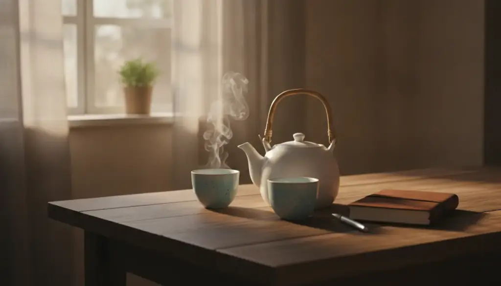 A white teapot and two cups on a wooden table near a curtained window, steam rising