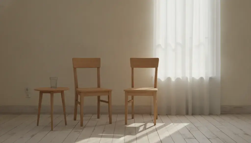 Two wooden chairs set facing each other by a tall window with a sheer curtain
