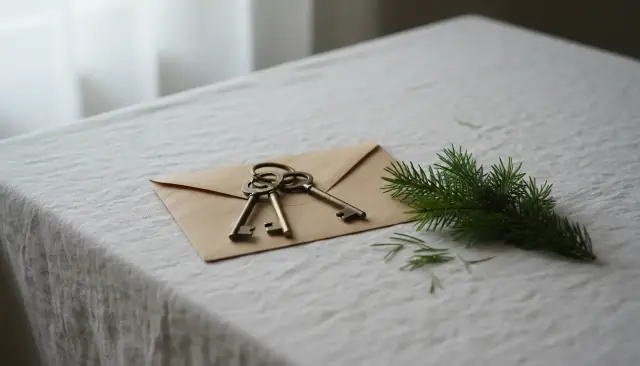 A kraft envelope, brass keys and a balsam fir sprig on linen