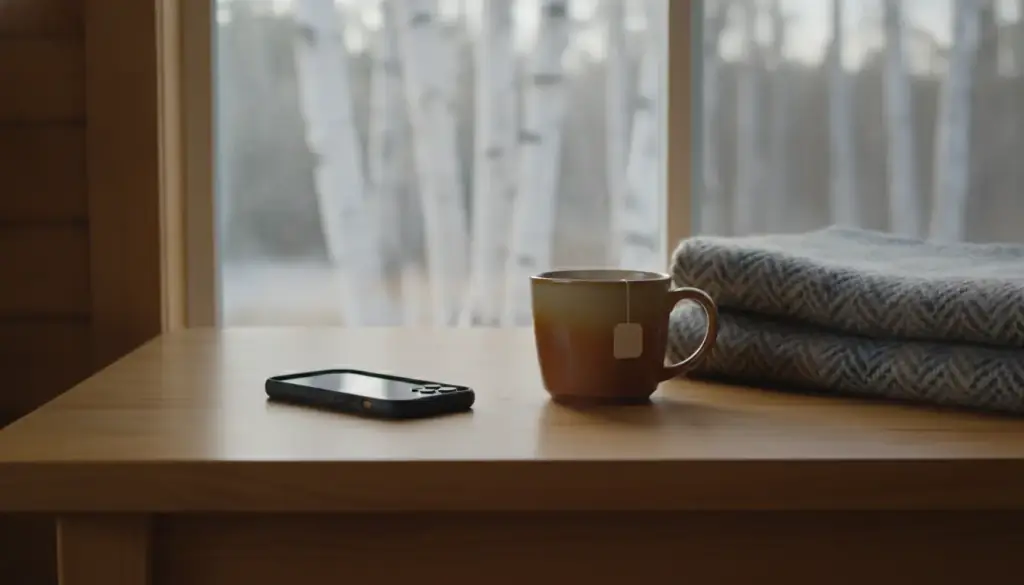 A phone resting on a pine kitchen table beside a mug of tea and a folded wool blanket, birch trees outside the window